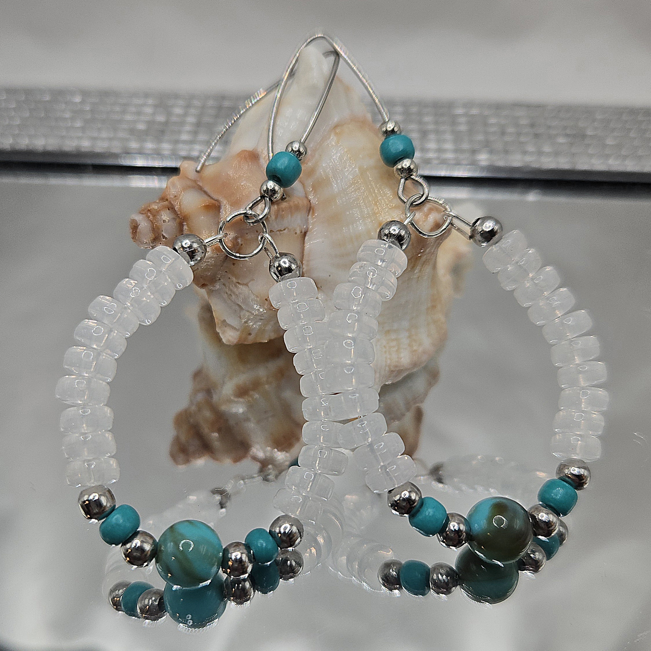 Elegant Handmade Stainless Steel And Turquoise Beaded Hoop Earrings